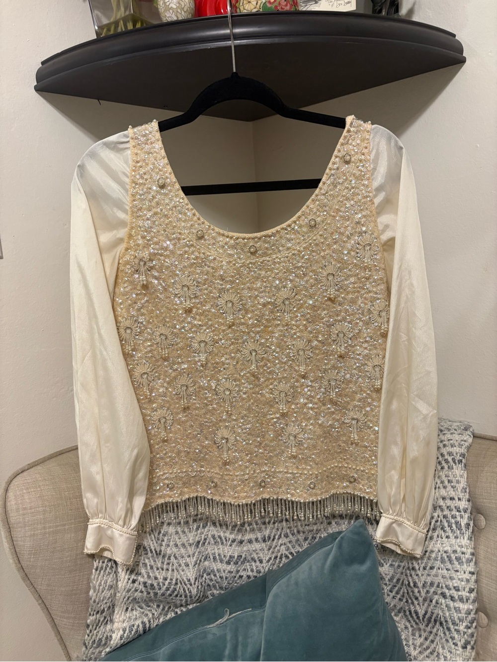 Forecast 1950’s Cream Beaded Scoop Neck Blouse with Sheer Sleeves
